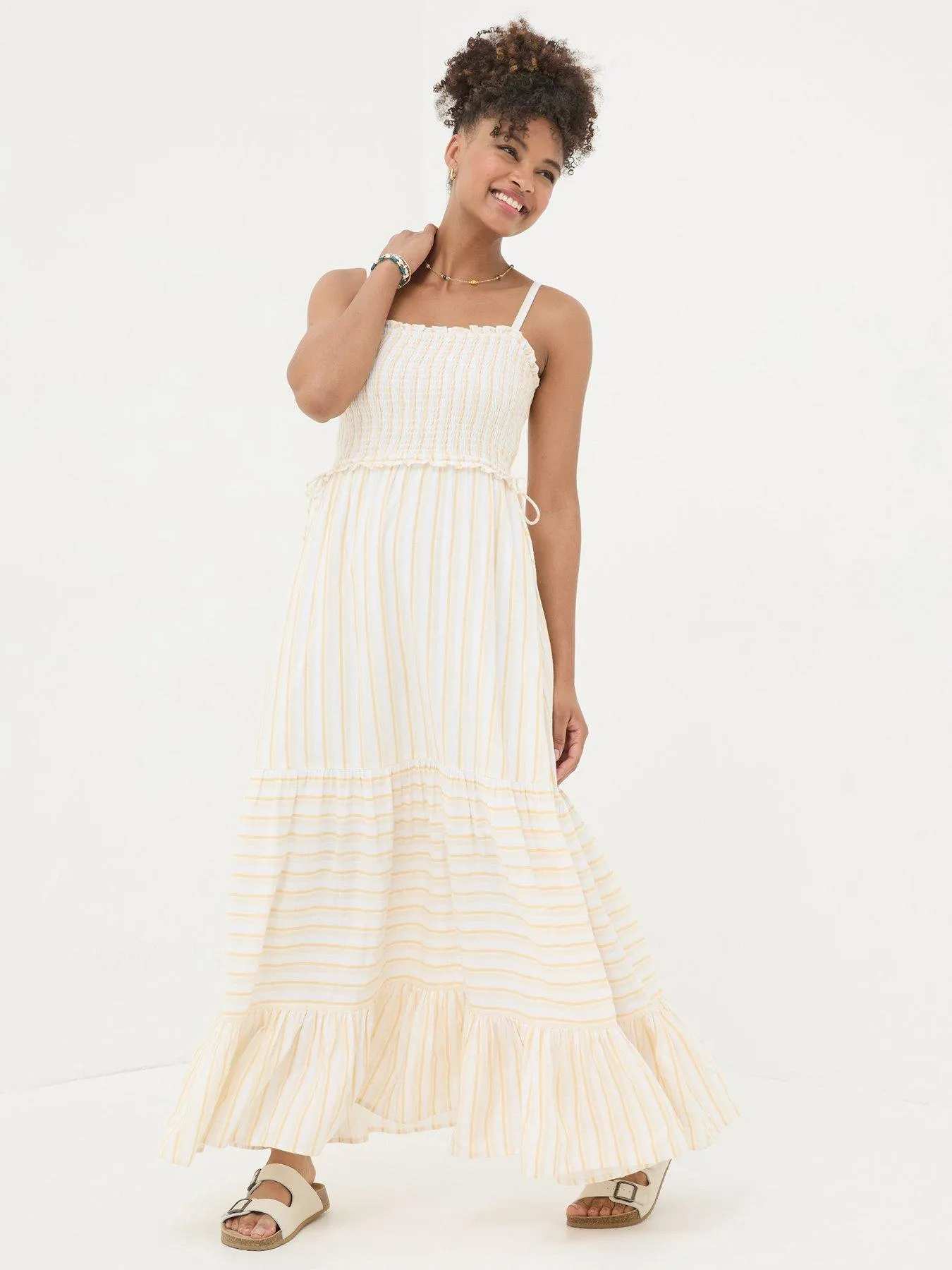 FatFace Stripe Tiered Strappy Maxi Dress - Yellow