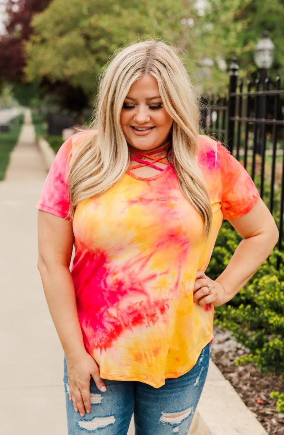 Find Your Fire Tie-Dye Top- Yellow, Orange & Fuchsia