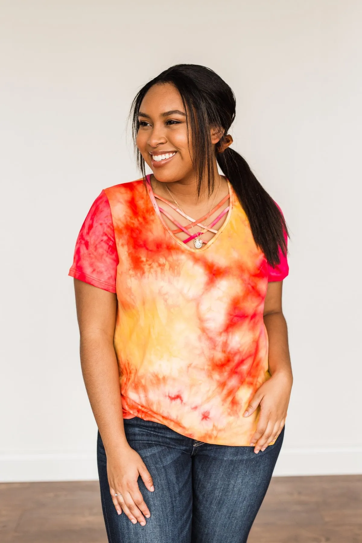 Find Your Fire Tie-Dye Top- Yellow, Orange & Fuchsia