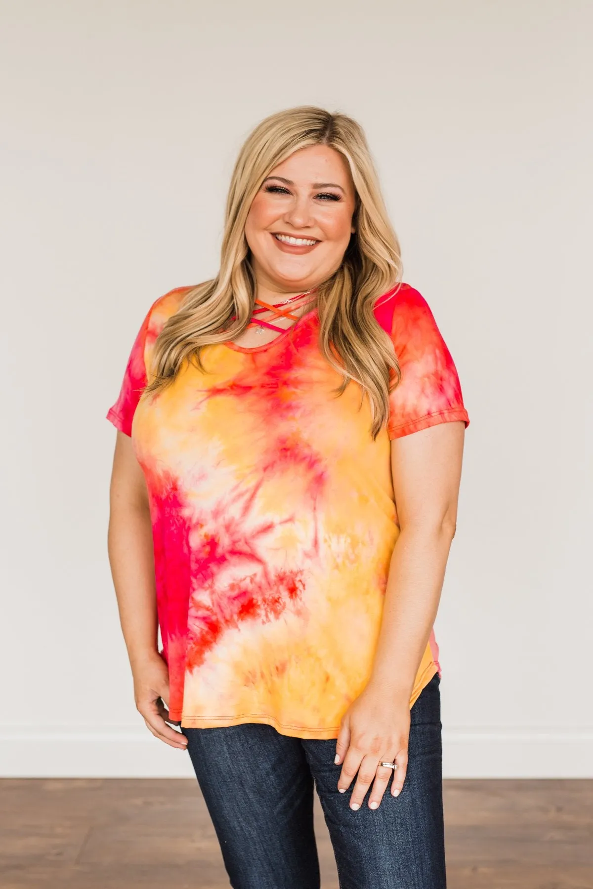 Find Your Fire Tie-Dye Top- Yellow, Orange & Fuchsia