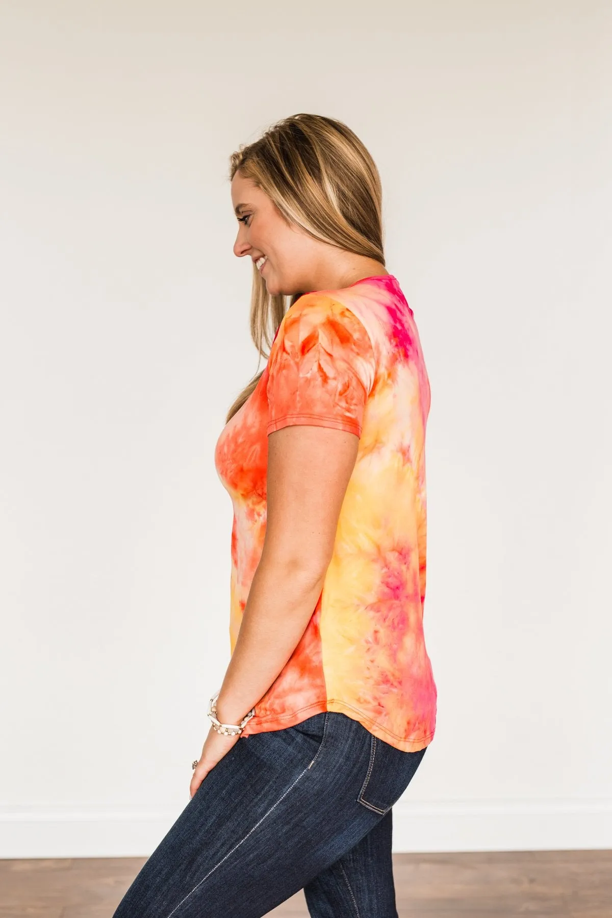 Find Your Fire Tie-Dye Top- Yellow, Orange & Fuchsia