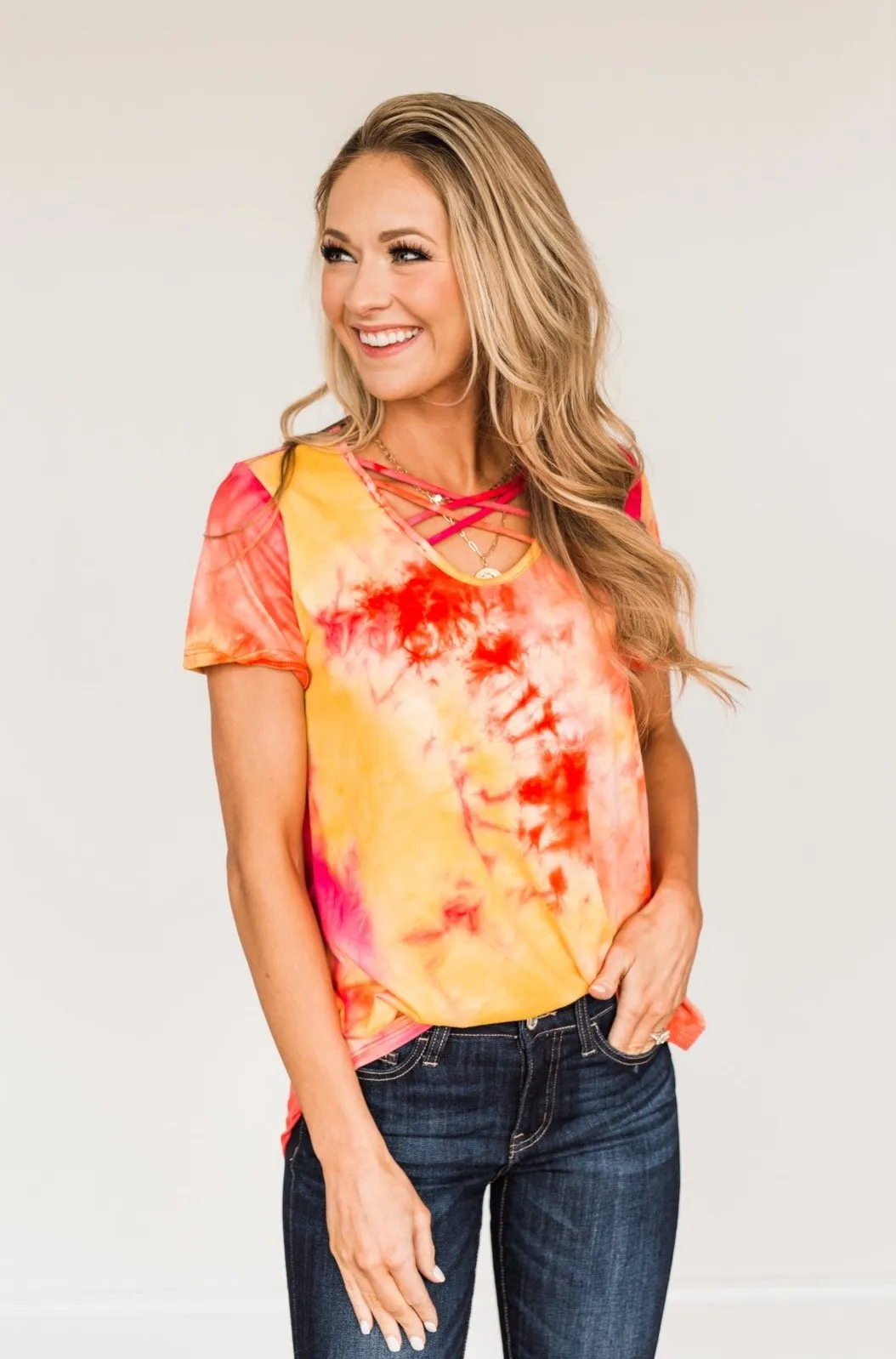 Find Your Fire Tie-Dye Top- Yellow, Orange & Fuchsia