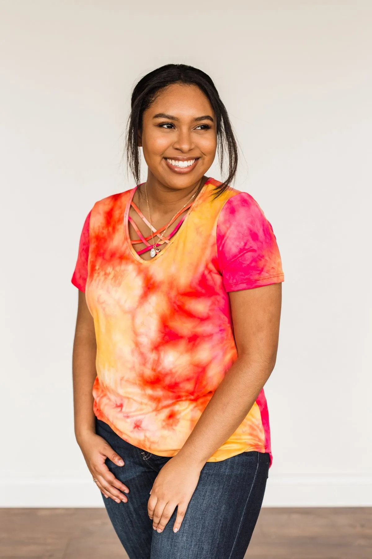 Find Your Fire Tie-Dye Top- Yellow, Orange & Fuchsia