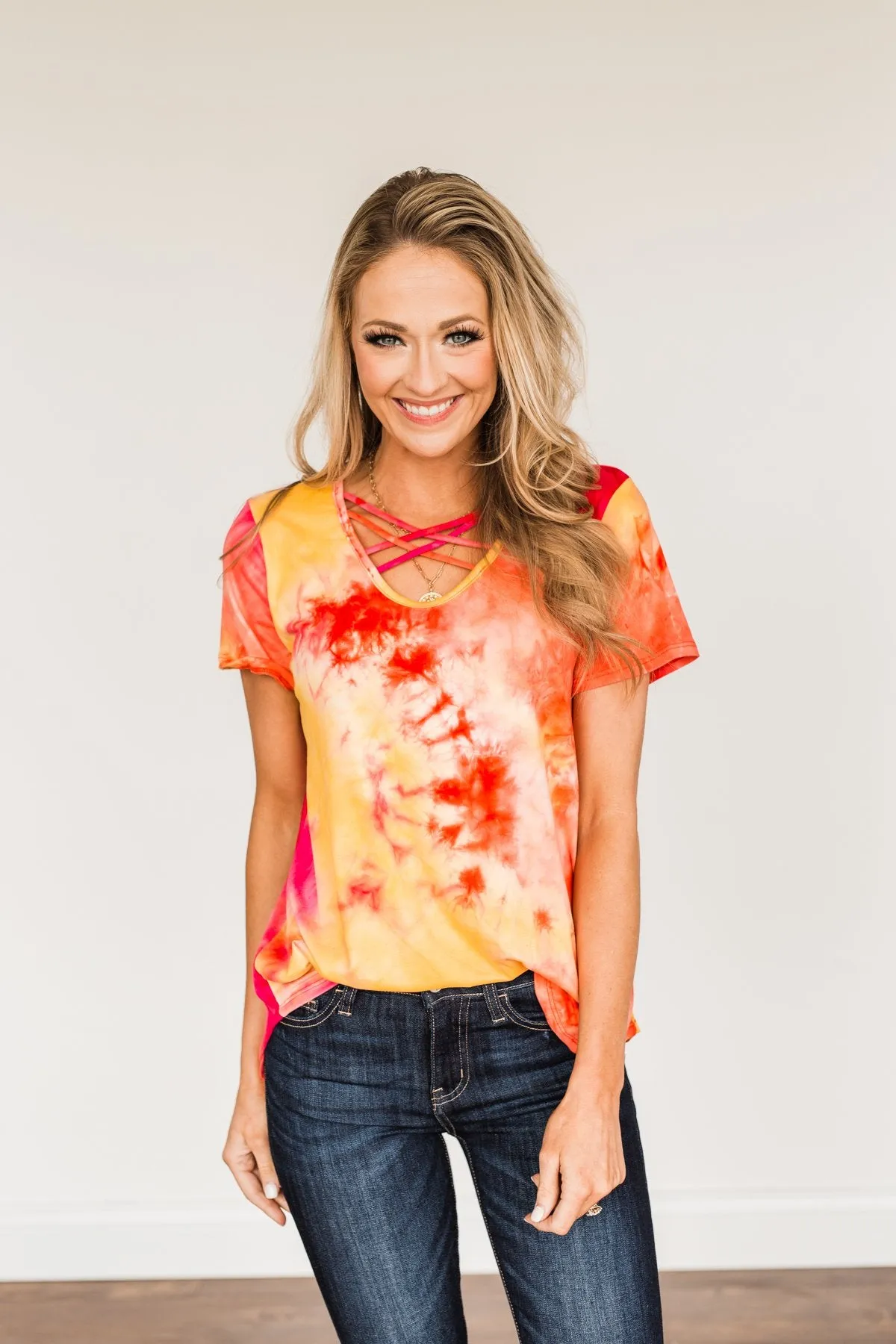 Find Your Fire Tie-Dye Top- Yellow, Orange & Fuchsia