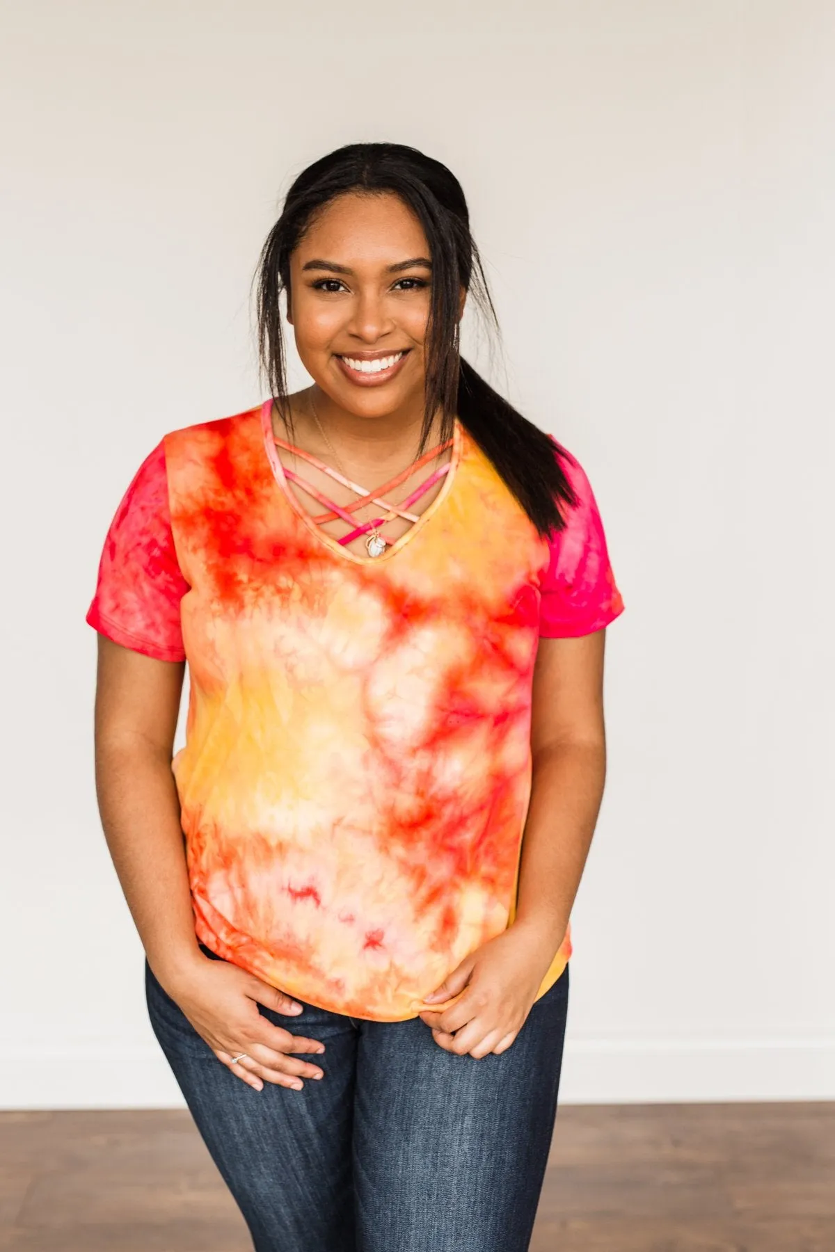 Find Your Fire Tie-Dye Top- Yellow, Orange & Fuchsia