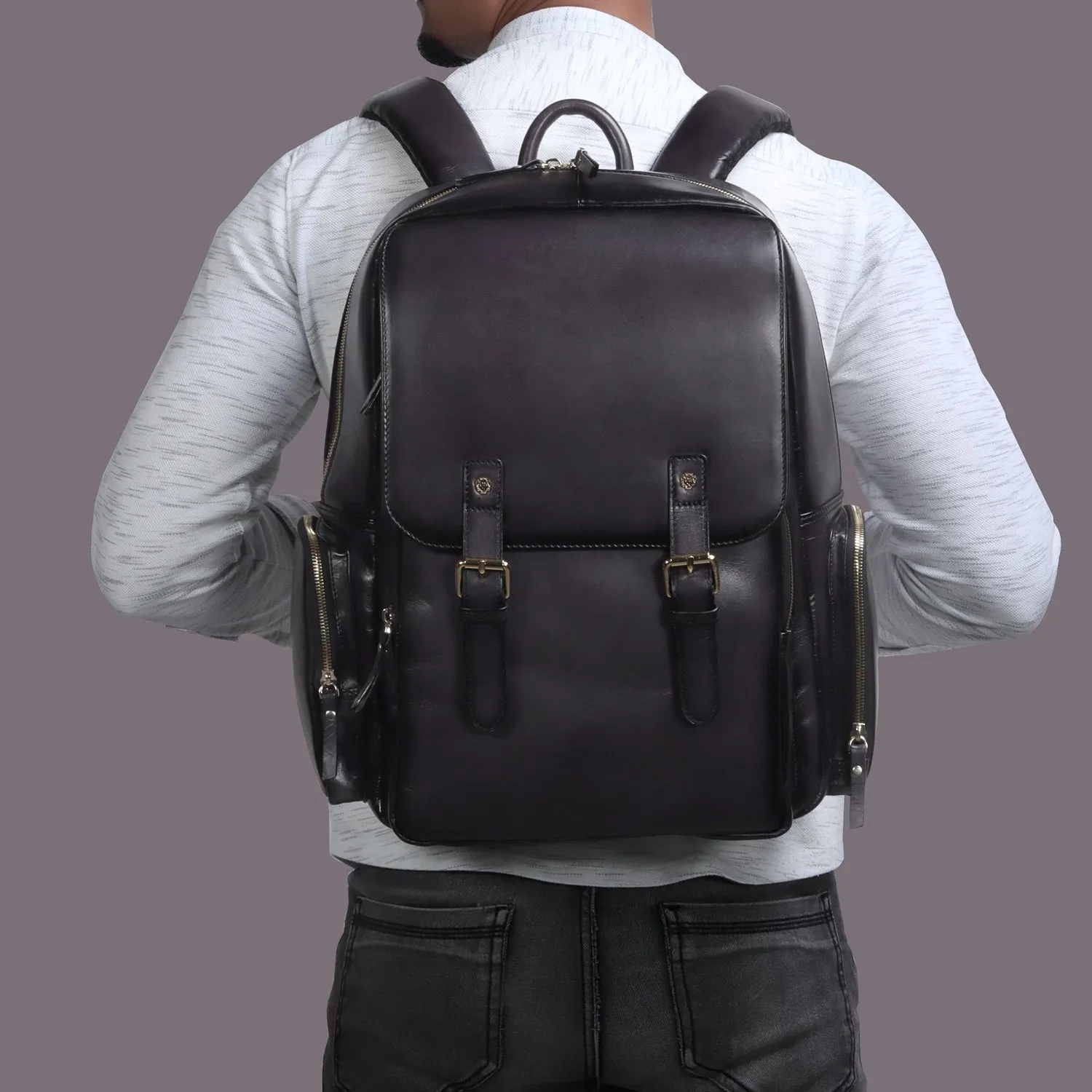 Flap-Over Travel Backpack in Grey Genuine leather