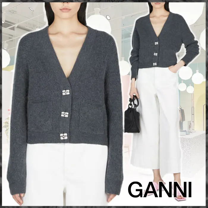 Ganni  |Casual Style Wool Nylon Street Style Long Sleeves Cardigans