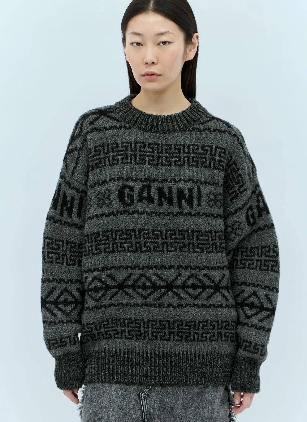 Ganni  |Crew Neck Wool Long Sleeves Logo V-neck & Crew neck