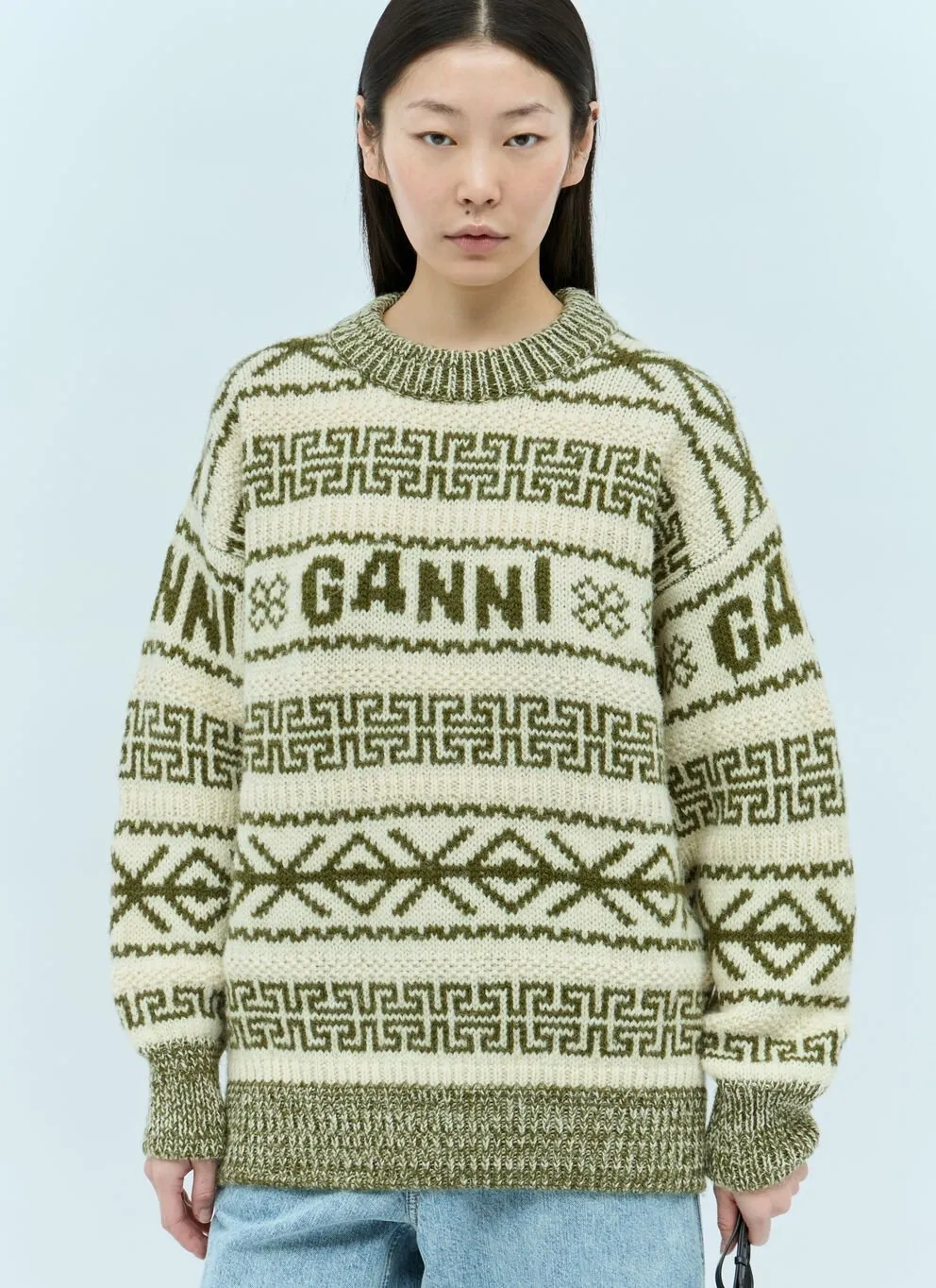 Ganni  |Crew Neck Wool Long Sleeves Logo V-neck & Crew neck