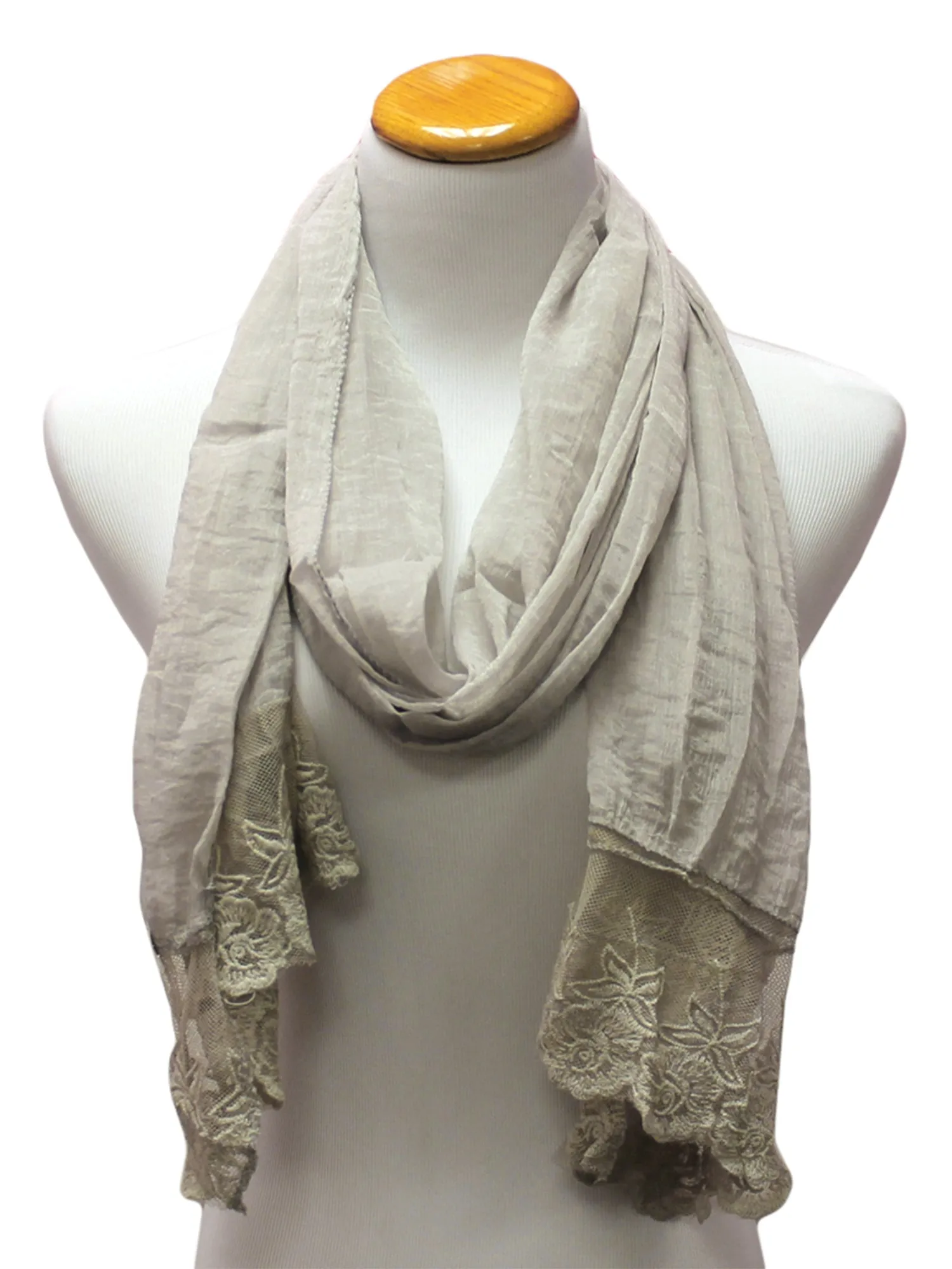 Gray Sheer Lace Scarf Wrap With Lace Trim