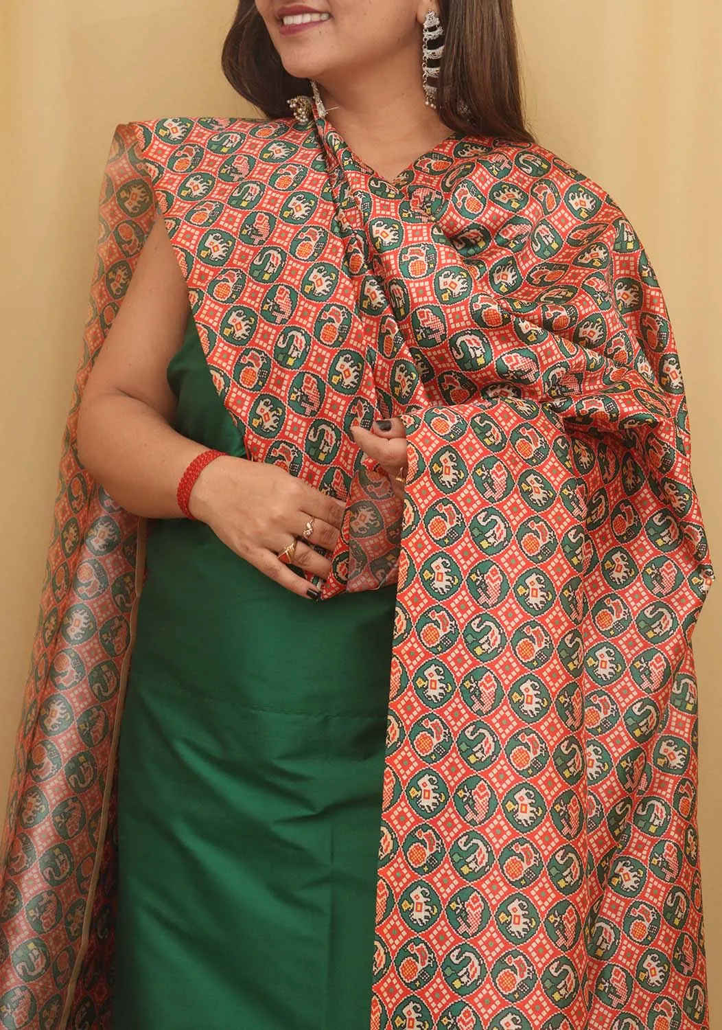 Green Plain Silk Suit With Digital Printed Patola Design Tussar Silk Dupatta