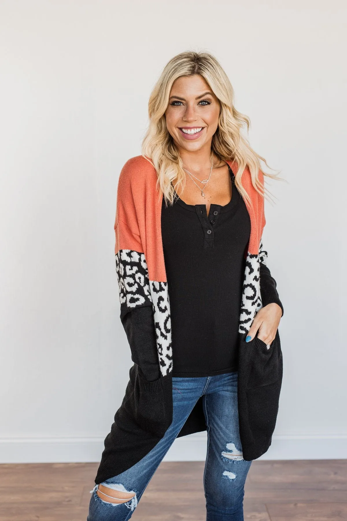 Grow Wild Color Block Cardigan- Coral, Black, & Off-White