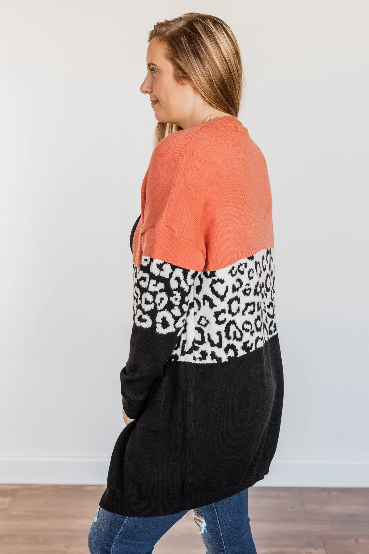 Grow Wild Color Block Cardigan- Coral, Black, & Off-White