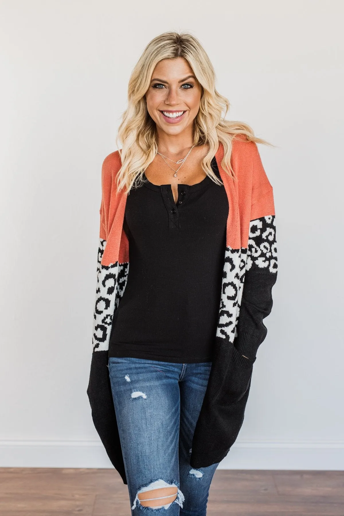 Grow Wild Color Block Cardigan- Coral, Black, & Off-White