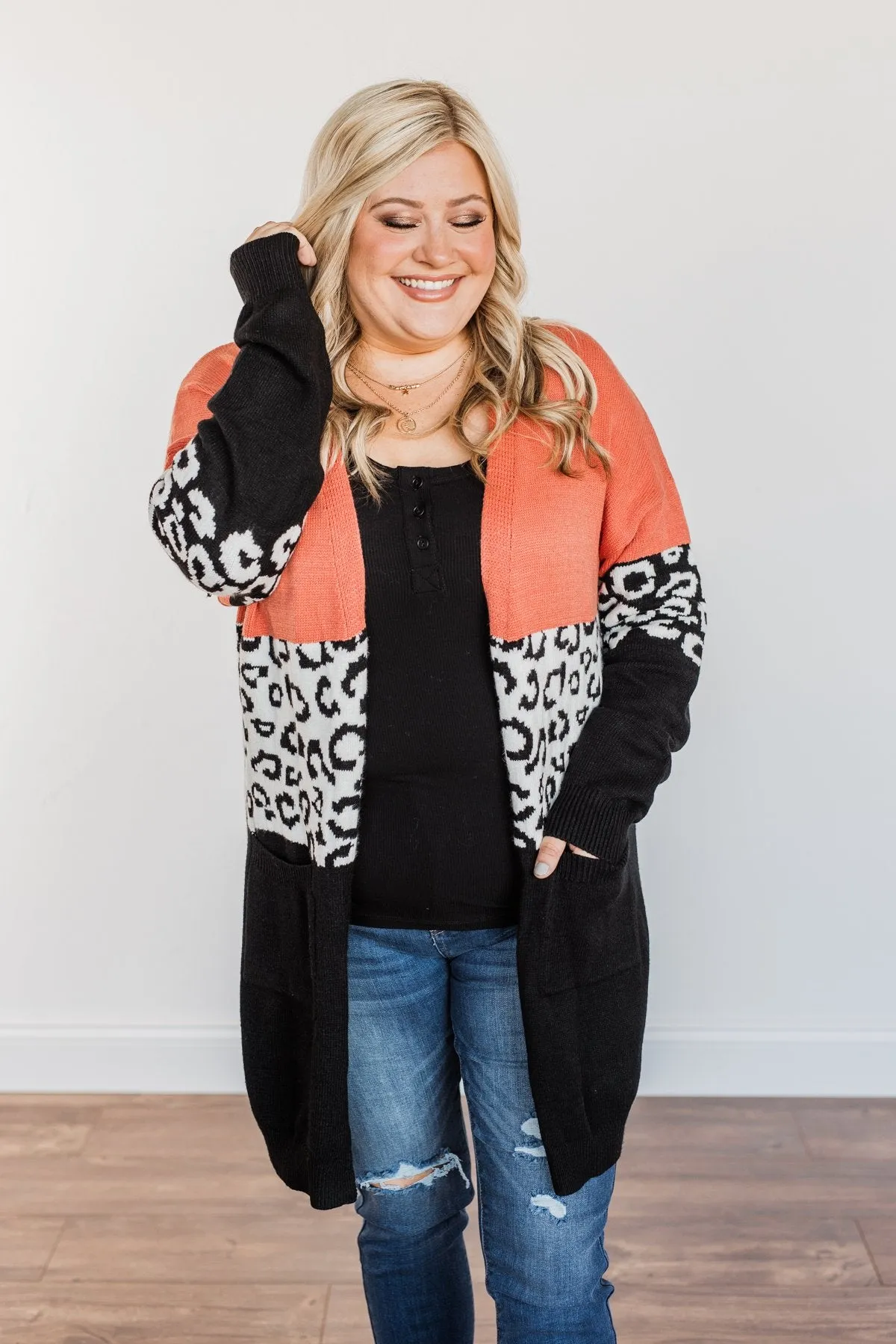 Grow Wild Color Block Cardigan- Coral, Black, & Off-White