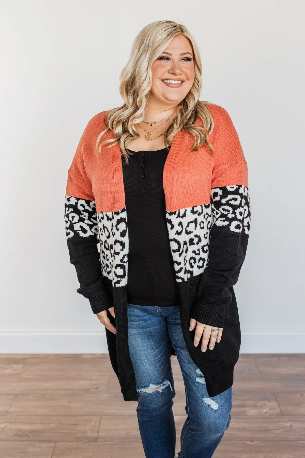 Grow Wild Color Block Cardigan- Coral, Black, & Off-White