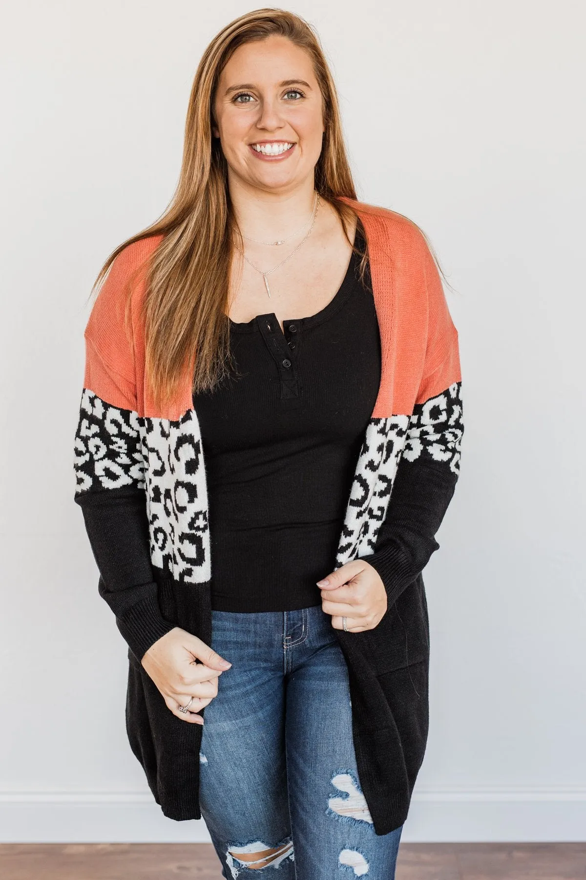 Grow Wild Color Block Cardigan- Coral, Black, & Off-White