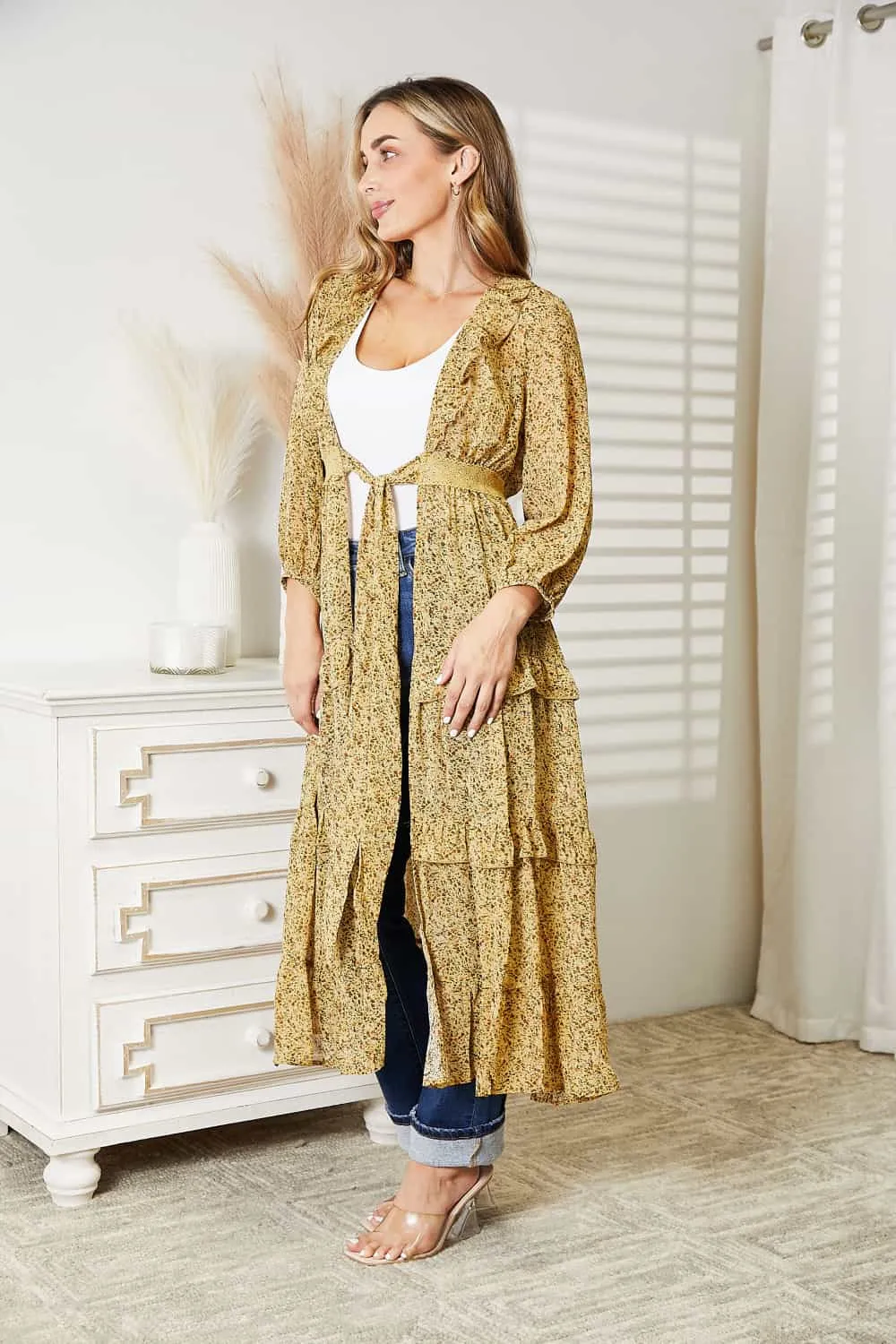 HEYSON Full Size Tie Front Ruffled Duster Cardigan