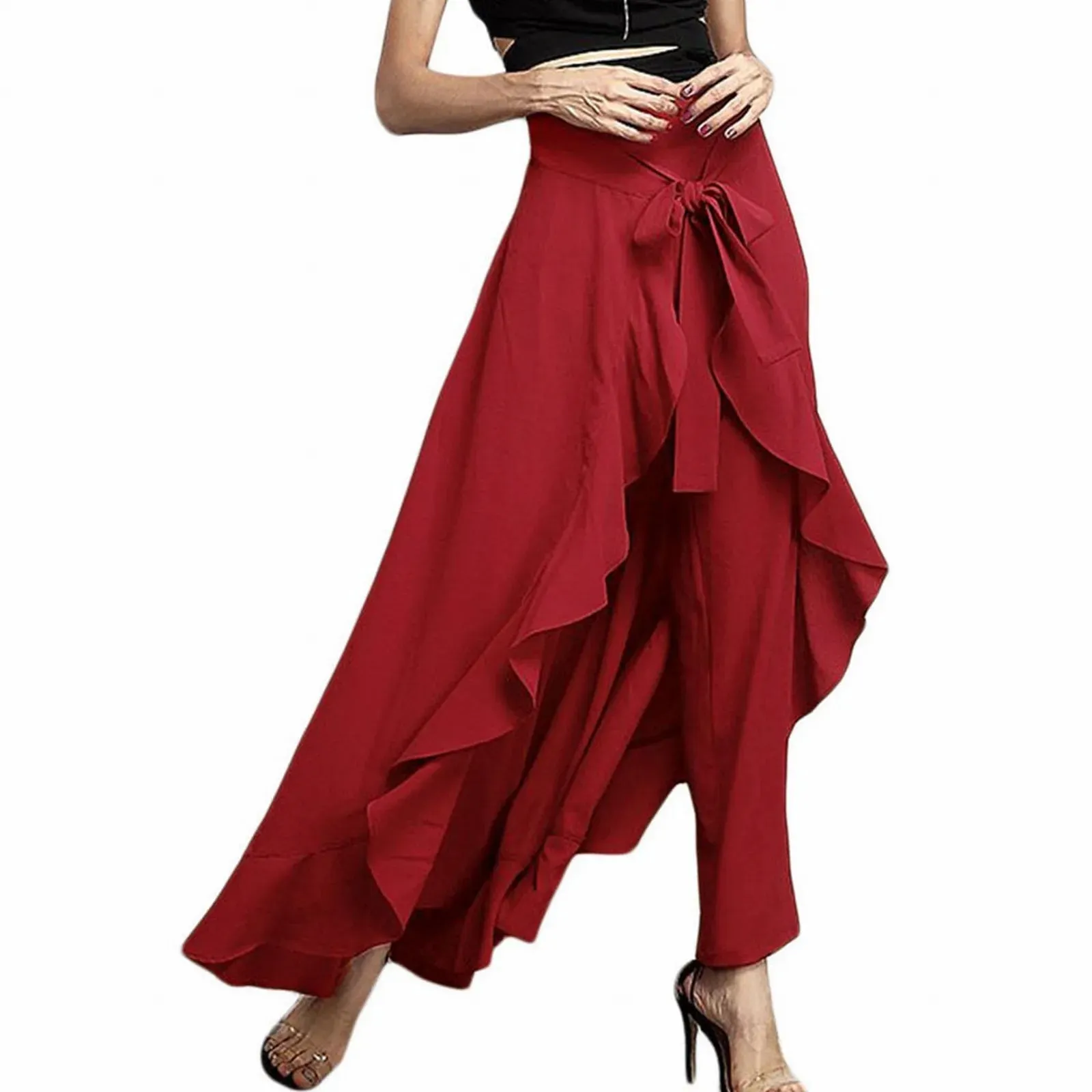 High Waist Chiffon Pants Wide Leg Ruffle Ankle-Length Long Trouser