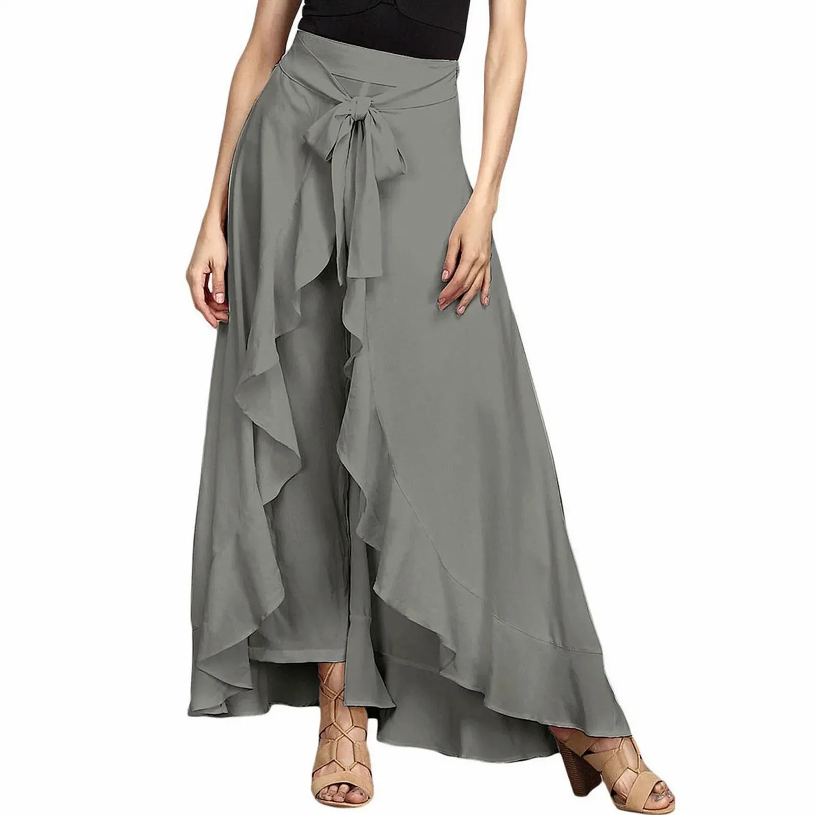 High Waist Chiffon Pants Wide Leg Ruffle Ankle-Length Long Trouser