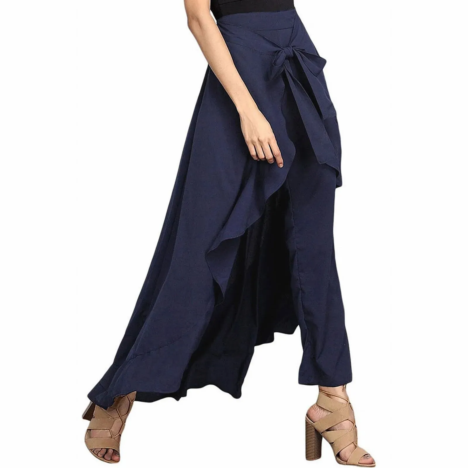 High Waist Chiffon Pants Wide Leg Ruffle Ankle-Length Long Trouser