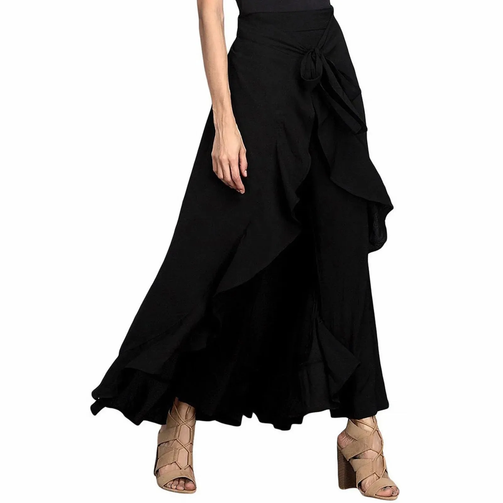 High Waist Chiffon Pants Wide Leg Ruffle Ankle-Length Long Trouser