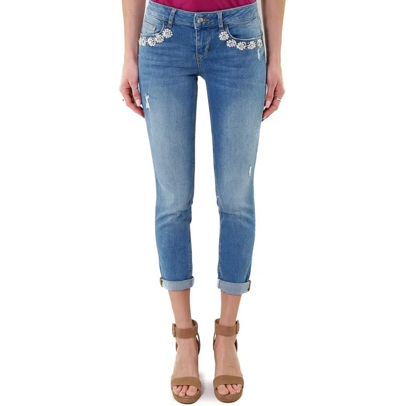 JEANS SLIM CON APPLICAZIONI GIOIELLO, BLU