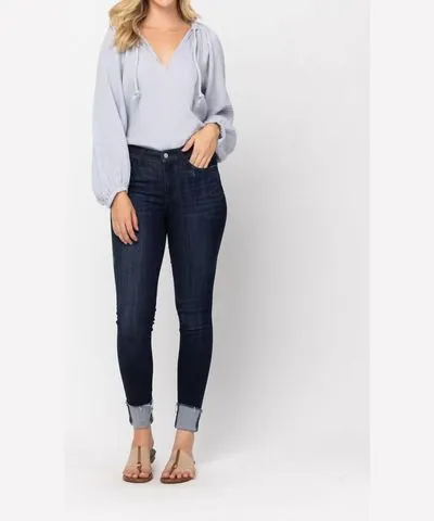 Judy Blue Mid Rise Cuffed Skinny Jeans In Dark Wash