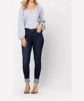 Judy Blue Mid Rise Cuffed Skinny Jeans In Dark Wash