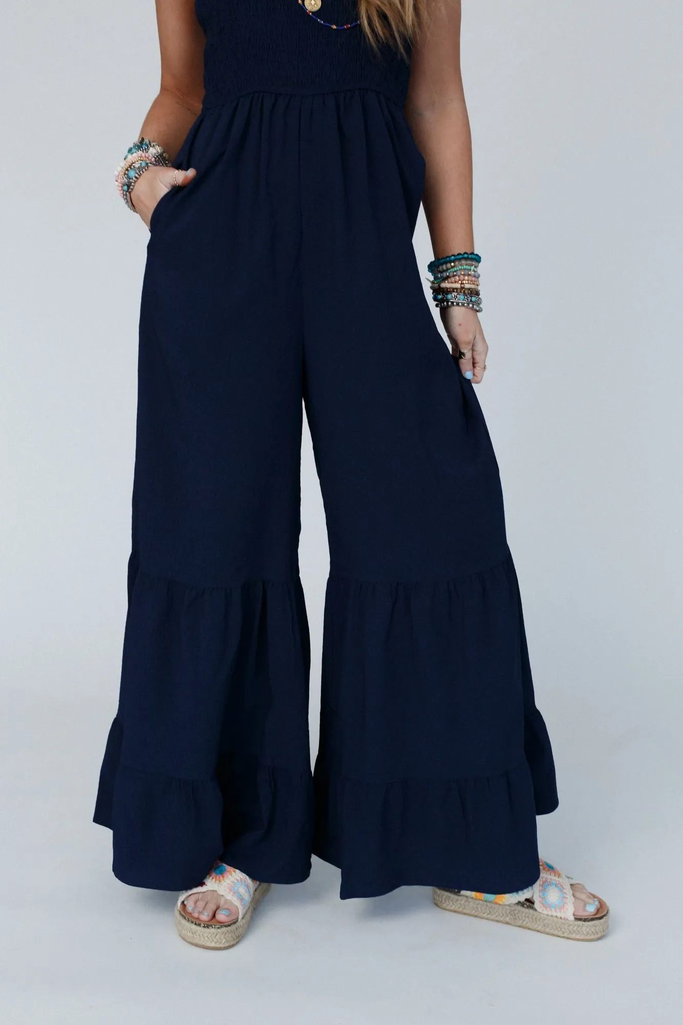 Just For Fun Smocked Tiered Ruffle Jumpsuit - Navy