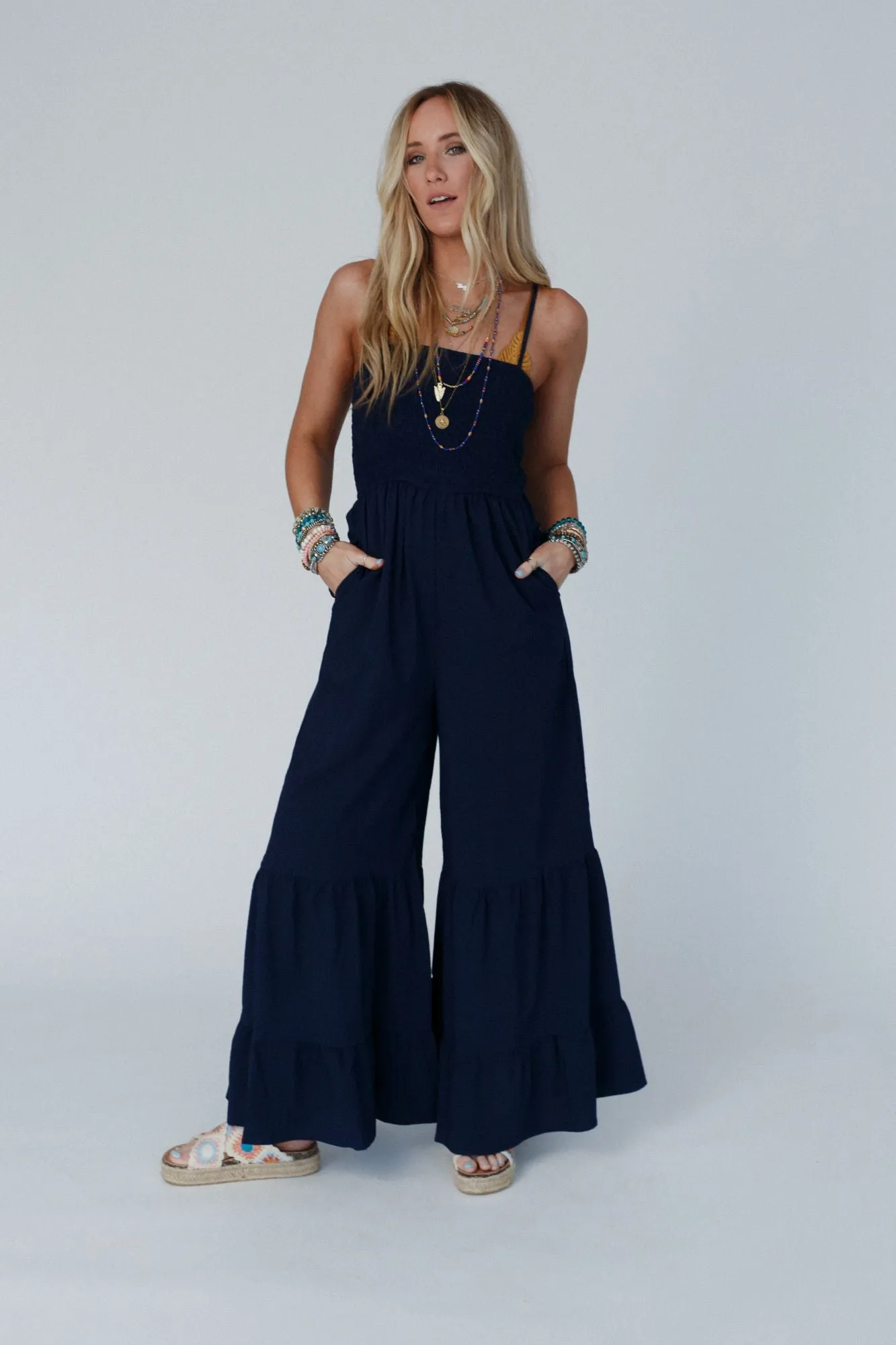 Just For Fun Smocked Tiered Ruffle Jumpsuit - Navy