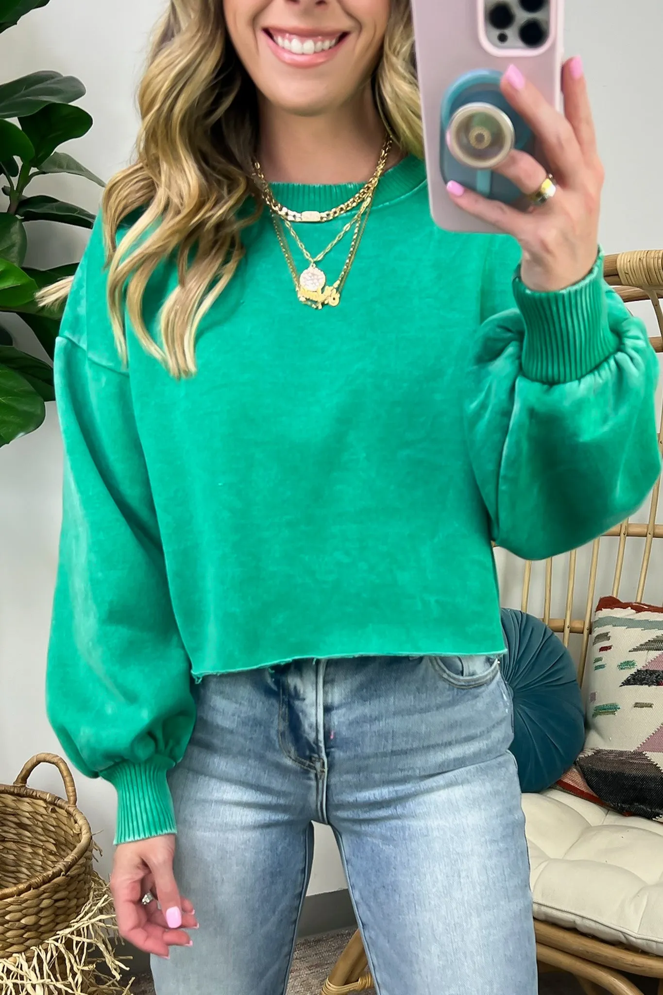 Kerie Acid Wash Fleece Cropped Pullover