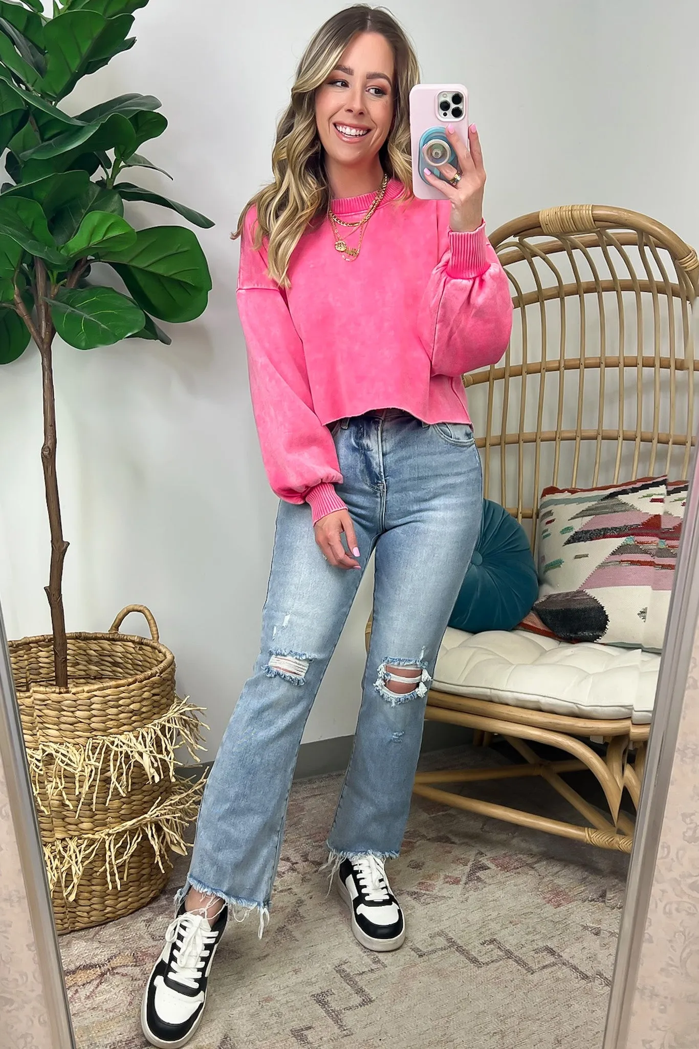 Kerie Acid Wash Fleece Cropped Pullover