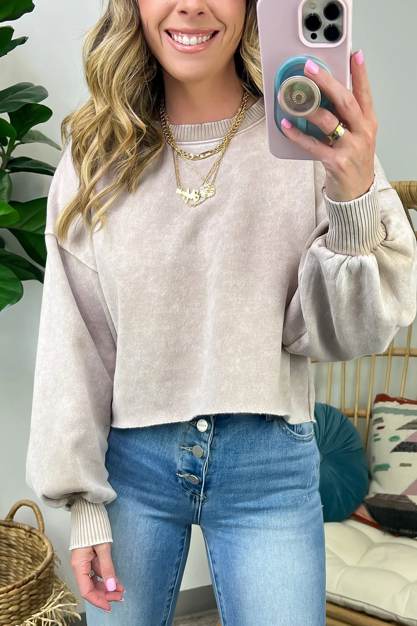 Kerie Acid Wash Fleece Cropped Pullover