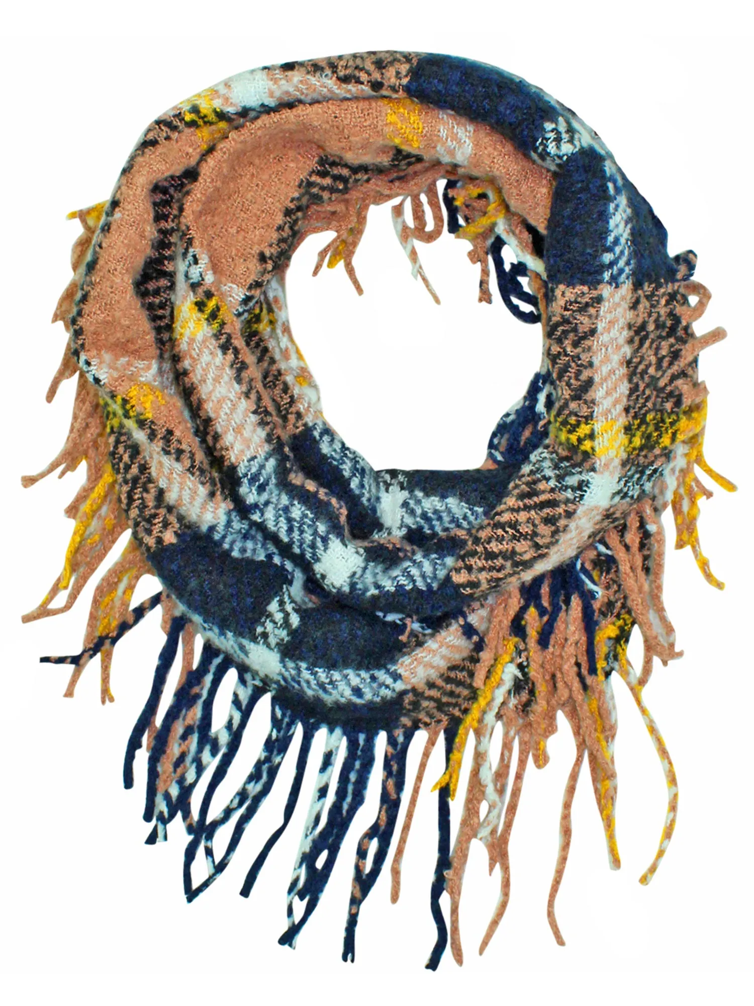 Knit Plaid Infinity Scarf With Fringe Finish