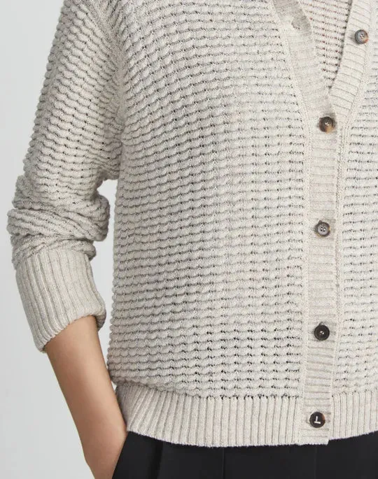 Lafayette 148 Textured Stitch Crewneck Cardigan in Smoked Taupe