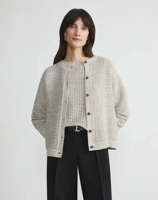 Lafayette 148 Textured Stitch Crewneck Cardigan in Smoked Taupe