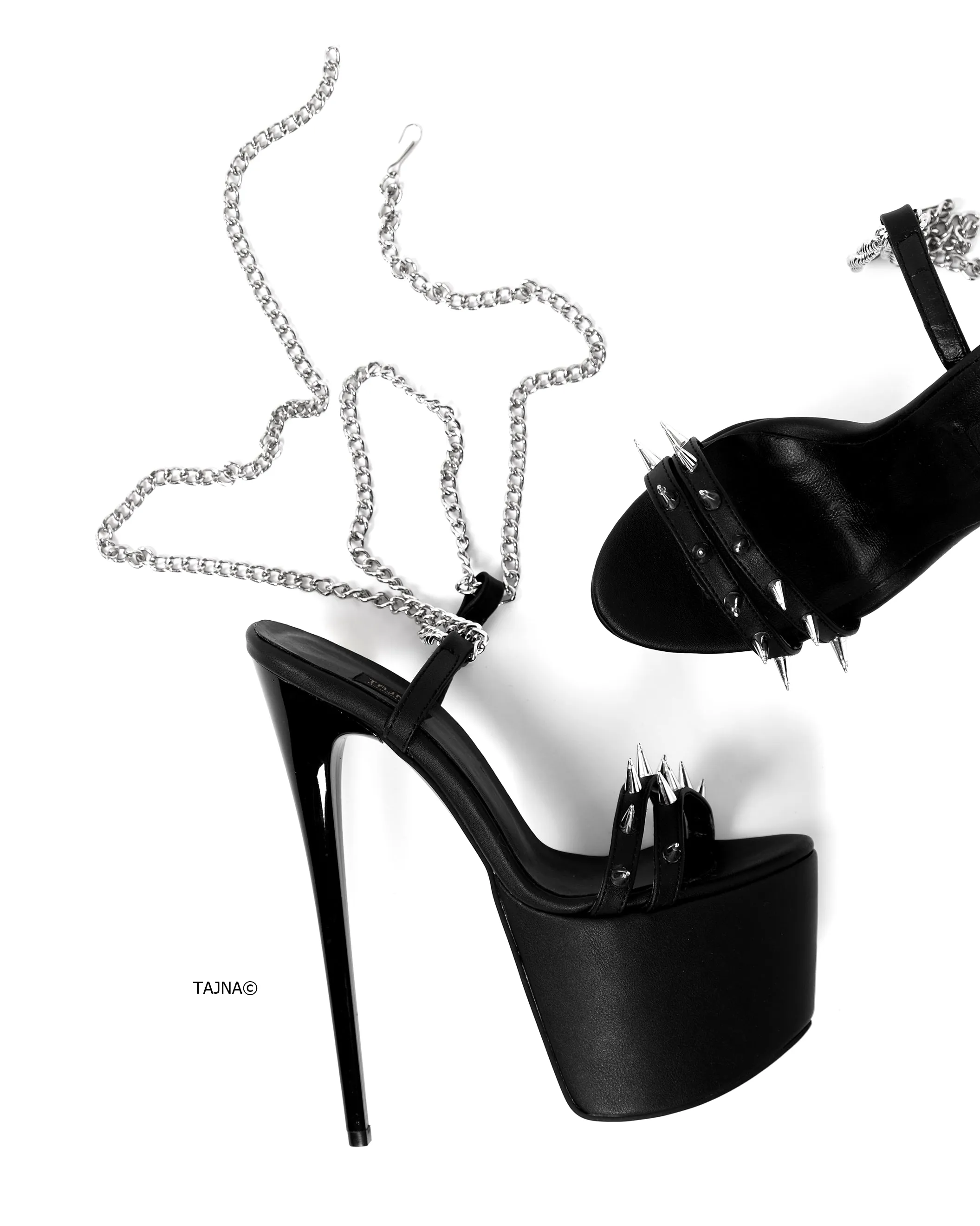 Long Chain Laces Black High Heel Sandals