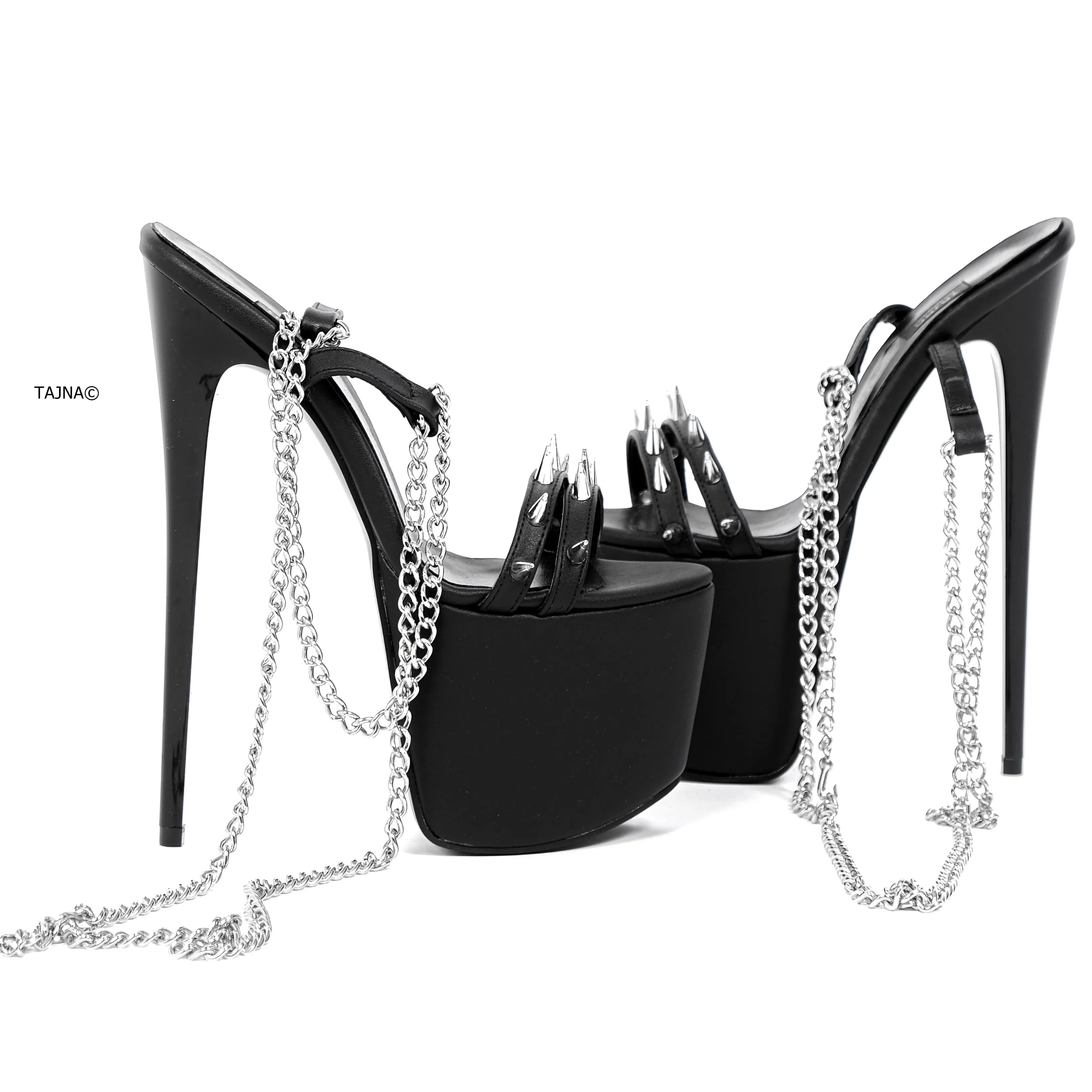 Long Chain Laces Black High Heel Sandals