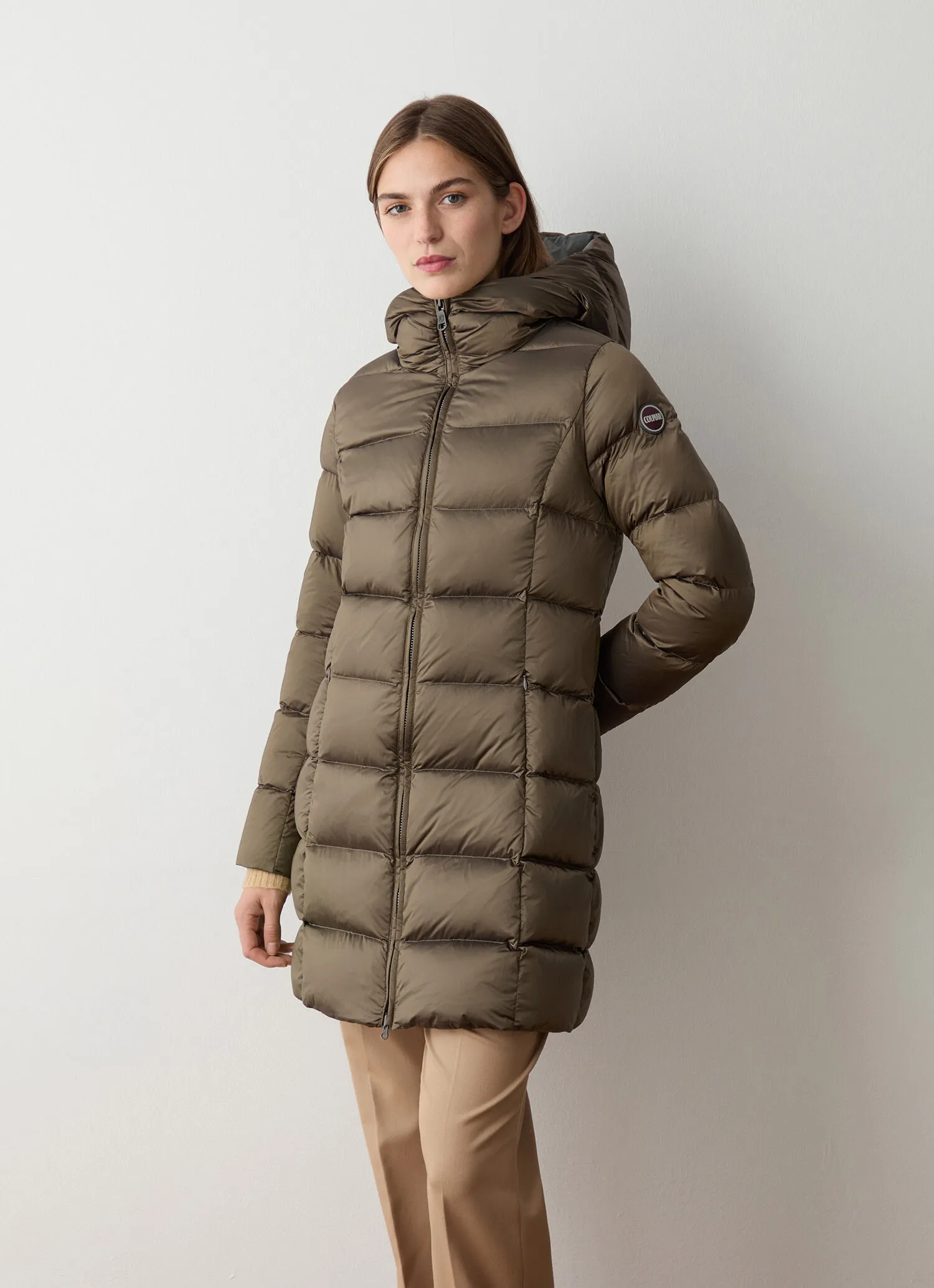 Long down jacket with attached hood-