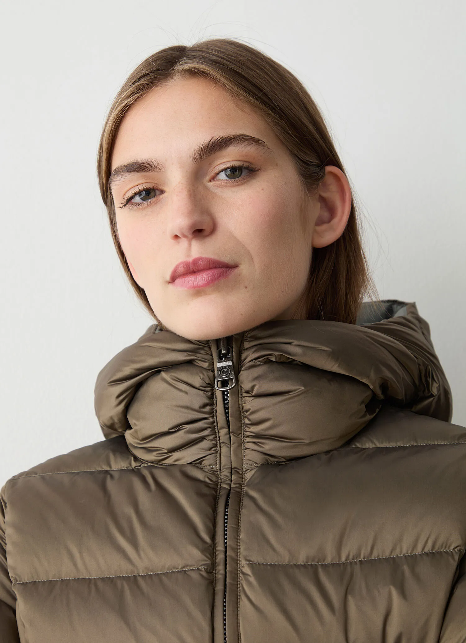 Long down jacket with attached hood-