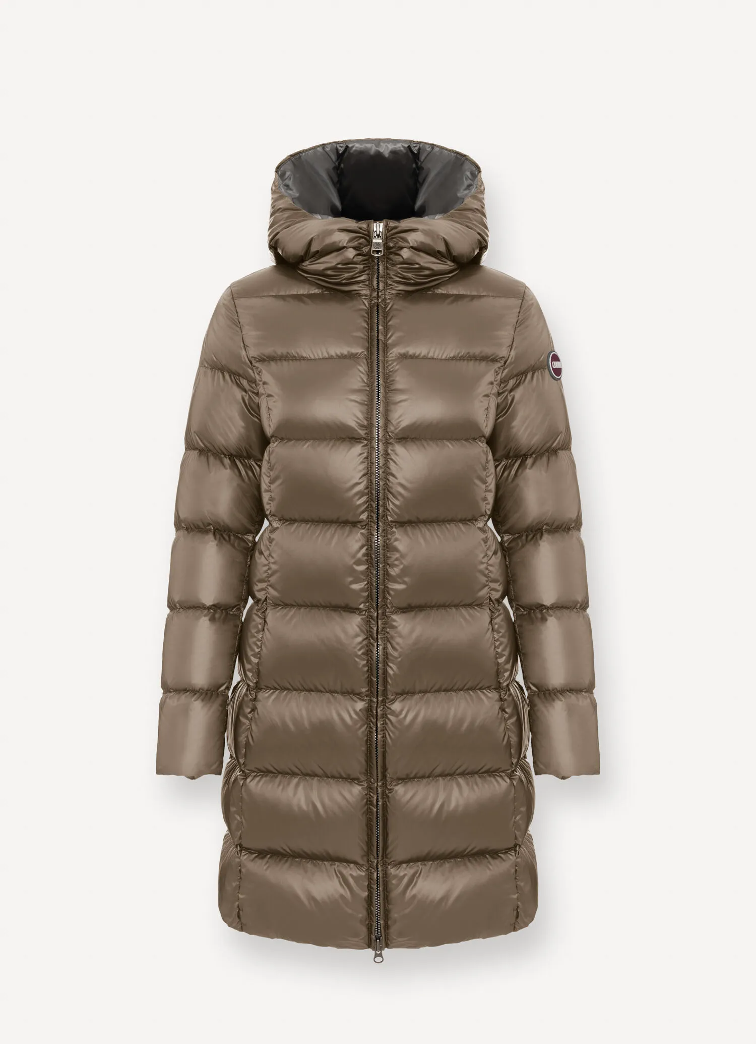 Long down jacket with attached hood-