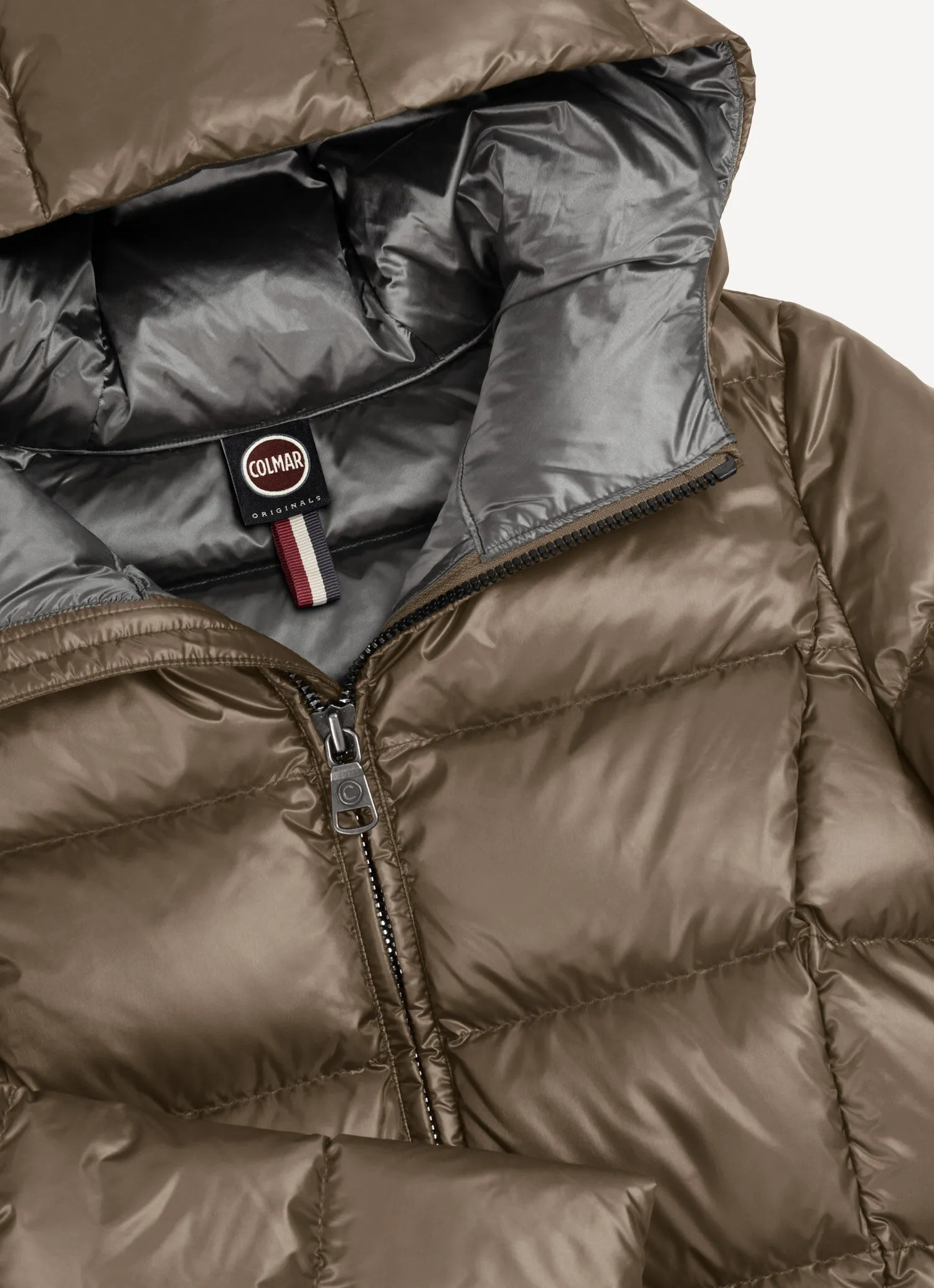 Long down jacket with attached hood-