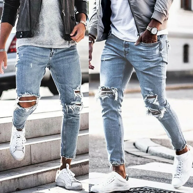 Men's Denim Hip Hop Style Mid Waist Streetwear Knee Ripped Skinny Jeans