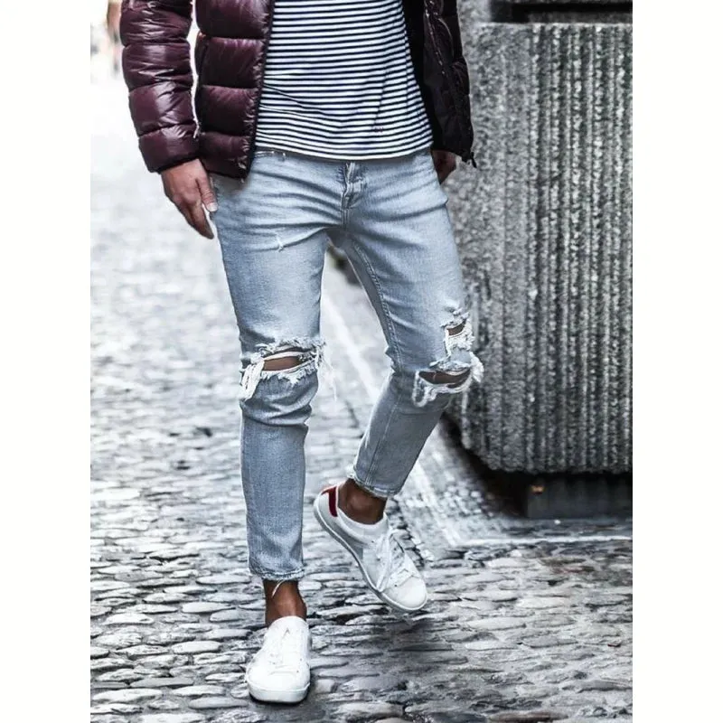 Men's Denim Hip Hop Style Mid Waist Streetwear Knee Ripped Skinny Jeans