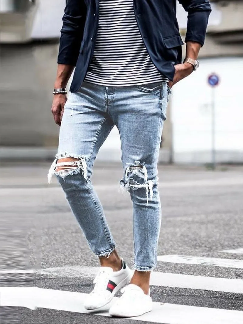 Men's Denim Hip Hop Style Mid Waist Streetwear Knee Ripped Skinny Jeans