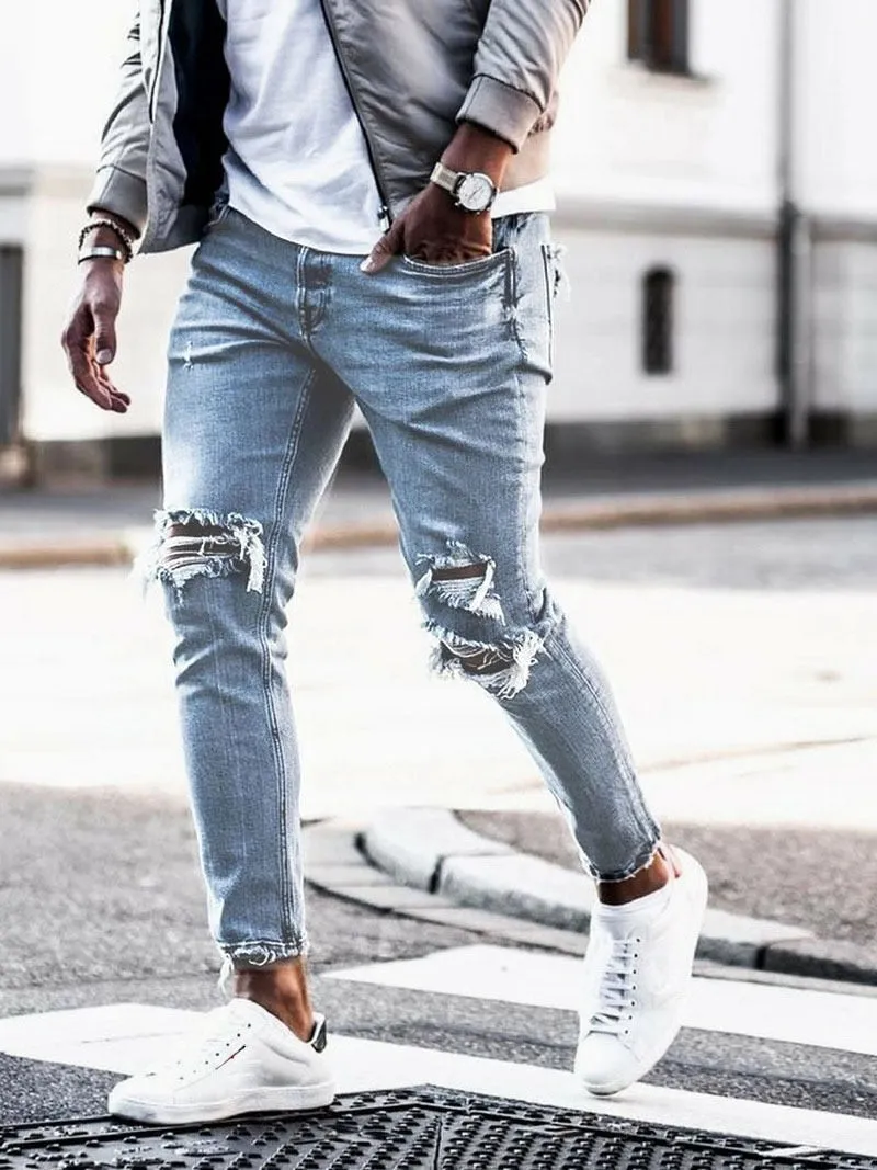 Men's Denim Hip Hop Style Mid Waist Streetwear Knee Ripped Skinny Jeans