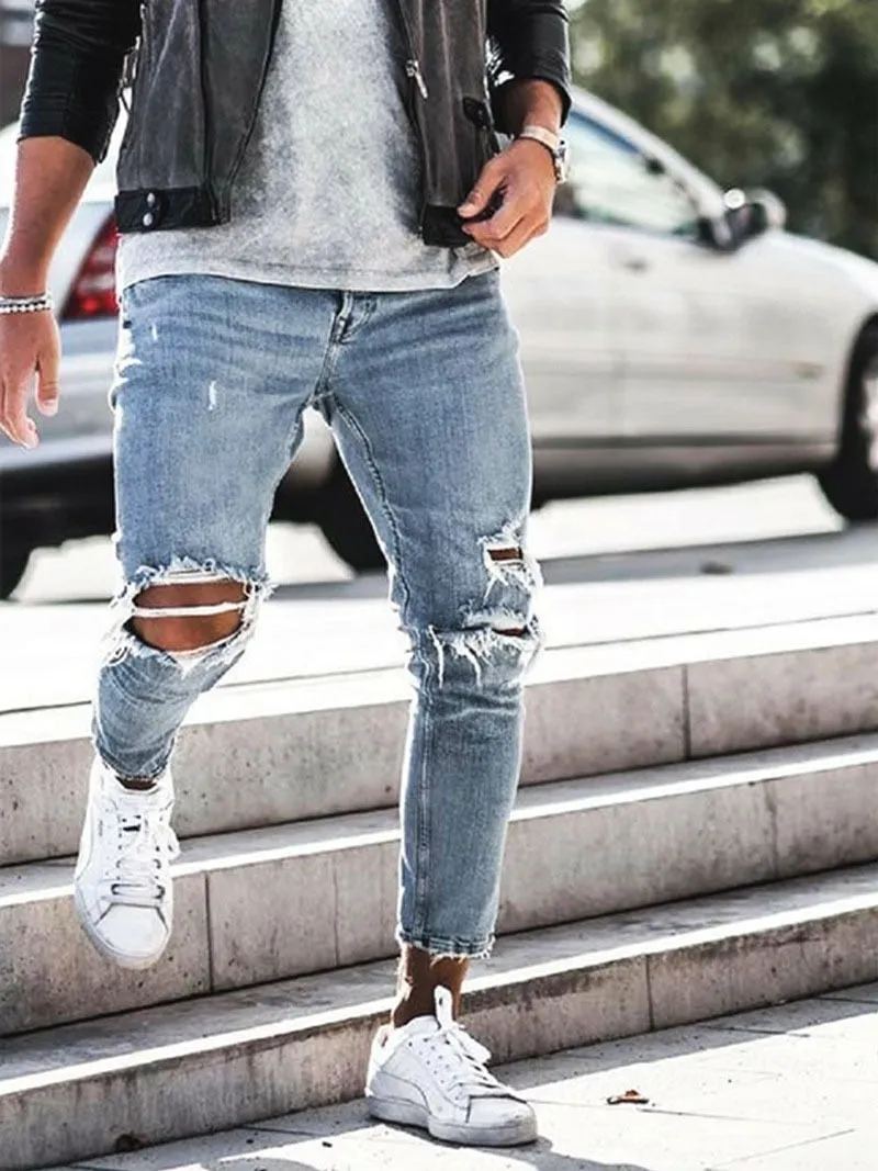 Men's Denim Hip Hop Style Mid Waist Streetwear Knee Ripped Skinny Jeans