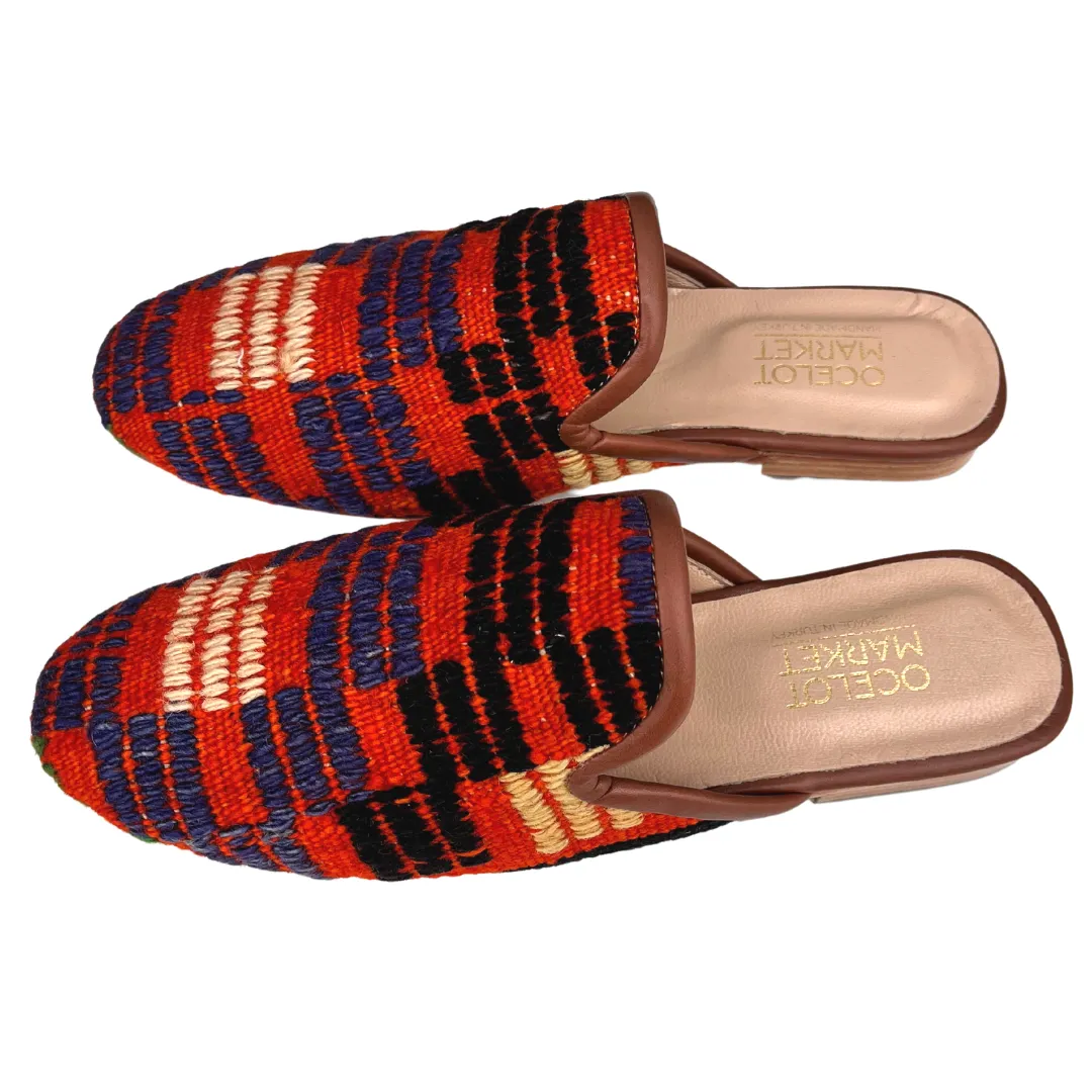 Men's Turkish Kilim Mule Red with Blue & Black