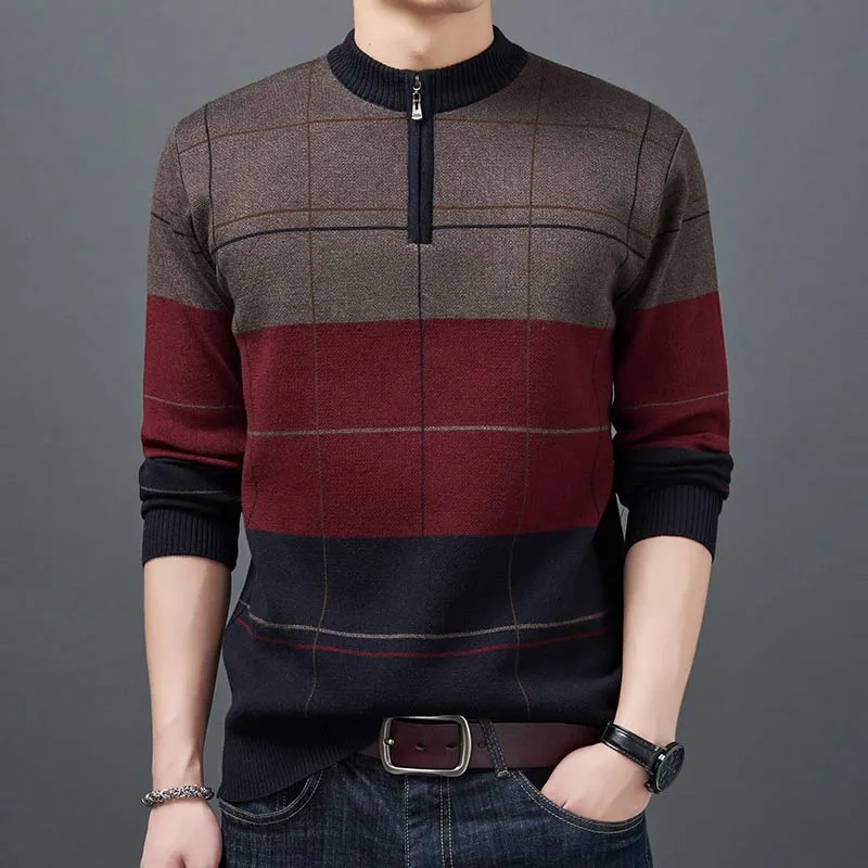 Men's Winter Coarse Wool Flat Knitted O-Neck Zipper Jersey Pullover